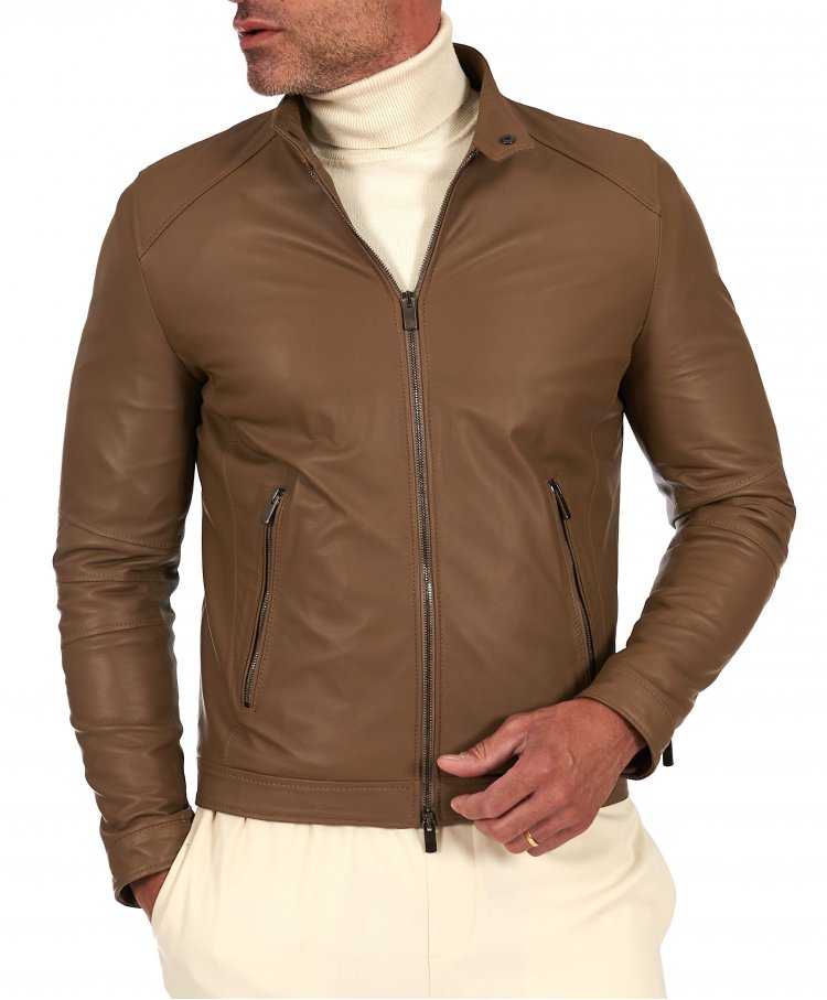 Taupefarbene Lederjacke mit...