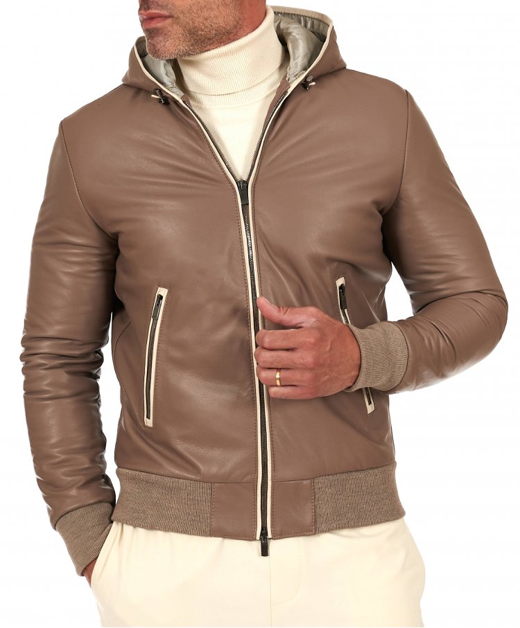 Taupe Bomber lederjacke mit...