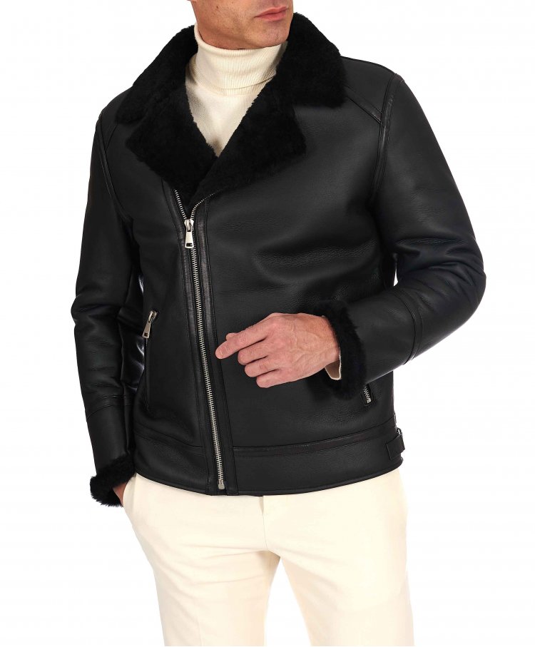 Schwarze Shearling-Lammfelljacke mit Kreuzreißverschluss 