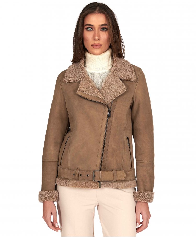 Taupe Schaffellbikerjacke...