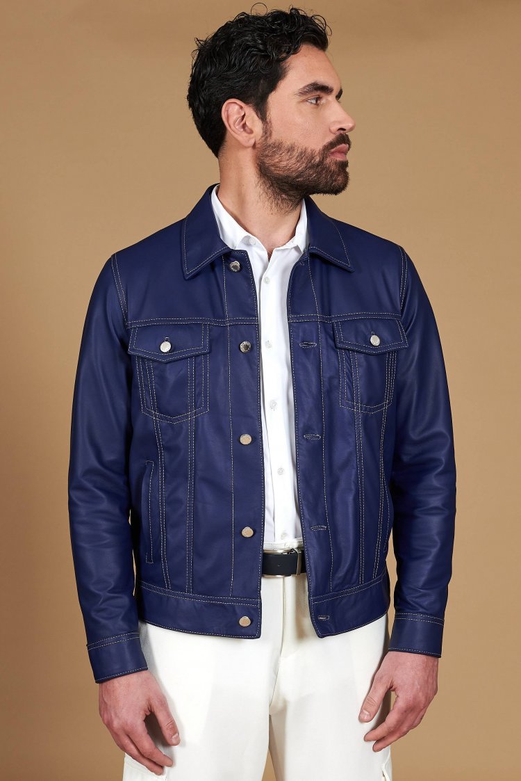 Blue bikerlederjacke...